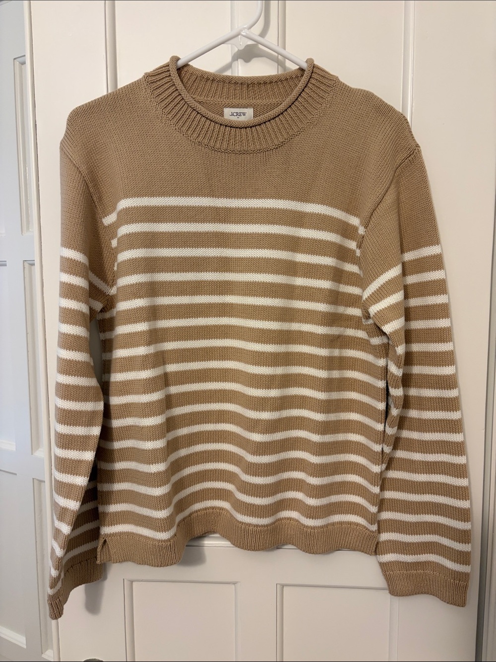 J. Crew Tan and White Striped Rollneck Sweater